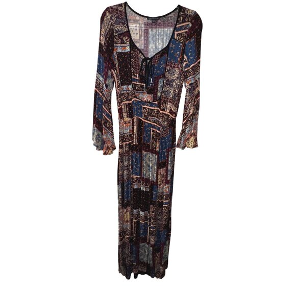 Boho Long-Sleeve Maxi Dress Medium Patchwork Western Hippie Prairie Sexy Witch - Picture 1 of 9